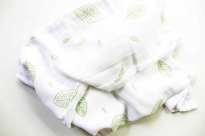 Organic Muslin Swaddle Wrap Hand Drawn Green Leaves GOTS certified organic cotton Gender Neutral Unisex Baby Gift Baby Blanket image 4