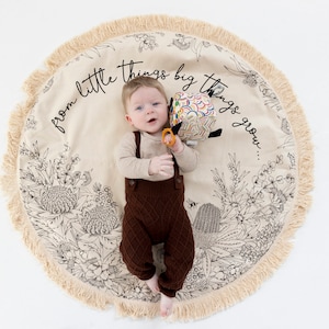 Handmade Organic Cotton Round Baby Play Mat: Australian Flora, Neutral Nursery Decor