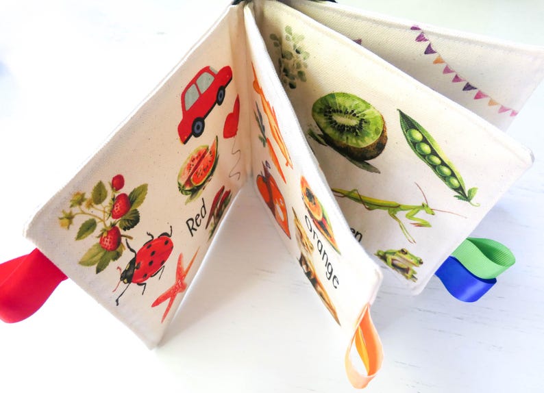 May include: A colorful cloth book for babies and toddlers with images of a red car, strawberries, a ladybug, a watermelon, a papaya, an orange, a kiwi, a green pea pod, a praying mantis, and a frog. The book has colorful ribbon ties.