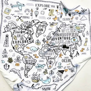 Manta de algodón orgánico hecha a mano World Explorer - Manta para bebé - Unisex - Regalo de género neutro para baby shower - Decoración de guardería - Habitación infantil - Mapa