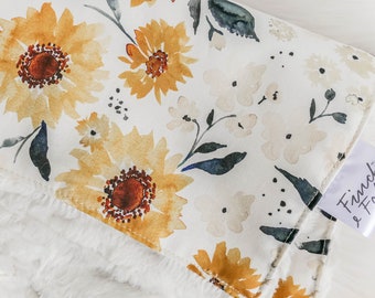 RTS Sunflowers - Cotton & Minky - Comforter / Lovey / Blanket - Handmade - Floral Flower - Neutral - Unisex - Baby Girl Shower Gift - Aussie