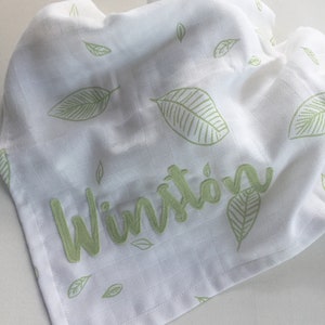 Organic Muslin Swaddle Wrap Hand Drawn Green Leaves GOTS certified organic cotton Gender Neutral Unisex Baby Gift Baby Blanket image 6