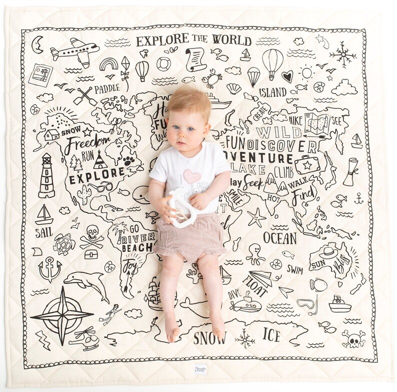 Explore the World Organic Playmat - Black Print on Natural - Gender Neutral - Unisex - Baby Gift - Baby Shower Gift - Organic Baby. Post Now 