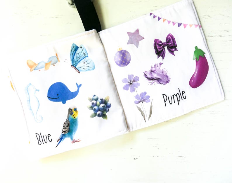 May include: A baby book with colorful illustrations and the words "Blue" and "Purple". The book features a blue whale, a butterfly, a plane, a seahorse, blueberries, a star, a bow, a flower, and an eggplant.