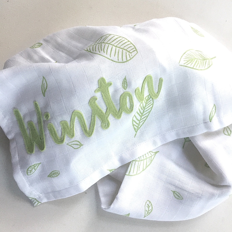 Organic Muslin Swaddle Wrap Hand Drawn Green Leaves GOTS certified organic cotton Gender Neutral Unisex Baby Gift Baby Blanket image 5