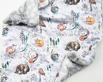 Minky Lovey Comforter - Woodland - Handmade - Luxury Baby Blanket - Baby Gift - Gender Neutral - Unisex - Bears, Fox - Lovie - Unisex