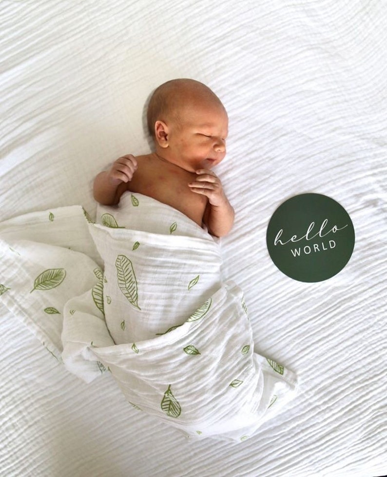 Organic Muslin Swaddle Wrap Hand Drawn Green Leaves GOTS certified organic cotton Gender Neutral Unisex Baby Gift Baby Blanket image 1