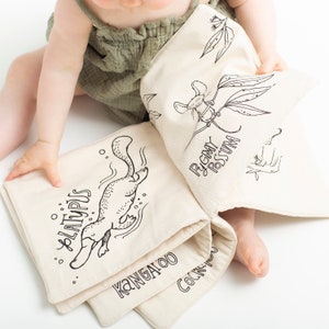 Quiet Book - Aussie Animal - GOTS Organic - Gender Neutral - Crinkle Sound - Baby Shower Gift - Natural Organic Baby Present - Australian