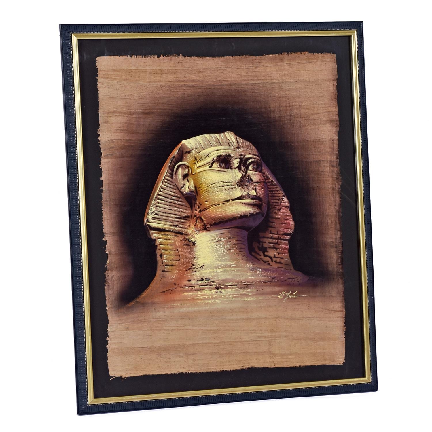 1996 Egyptian Sphinx on Papyrus Original Signed Painting by Monsef