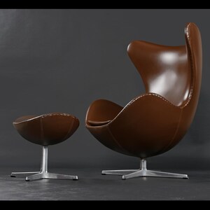 1974 Brown Leather Arne Jacobsen Fritz Hansen Egg Chair & Ottoman image 3