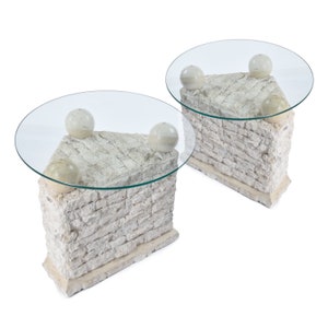 Pair of Vintage 1980s Mactan Tessellated Stone Round Pedestal Side Tables NEW Glass