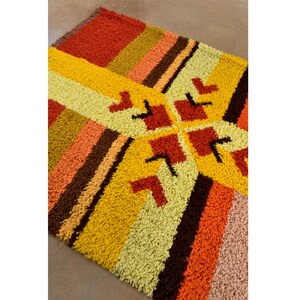 Red Yellow Orange and Brown Vintage Rya Rug Wall Hanging or 57 Area Rug image 6