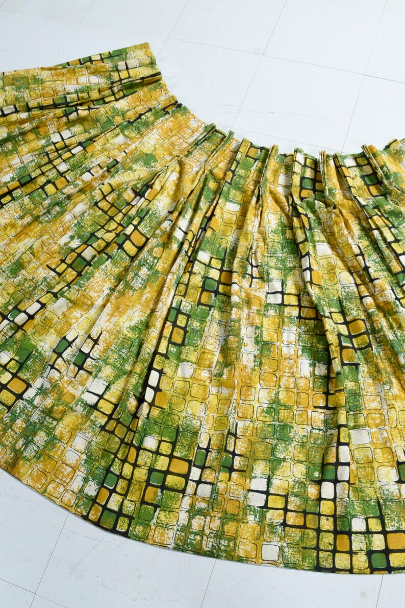 Pair of Mid-Century Modern Green Yellow and Black Pleated Curtain Drapes