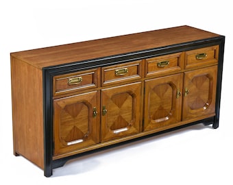 Thomasville Embassy Wood Inlay Asian Modern Campaign Style Brass Accent Credenza