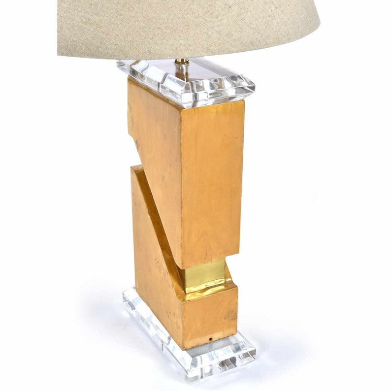 Vintage 1970s Post Modern Burl Wood Table Lamp with Gold Accent and Lucite Top and Base image 4