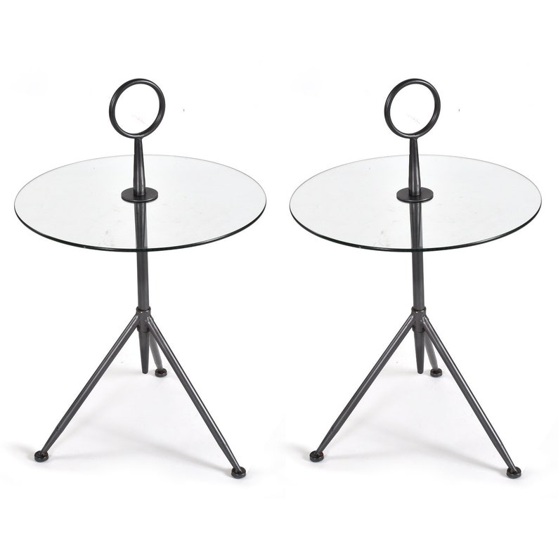 Pair of Modern Italian Gueridon Round Glass and Metal Drink Table Tripod Side Tables image 1