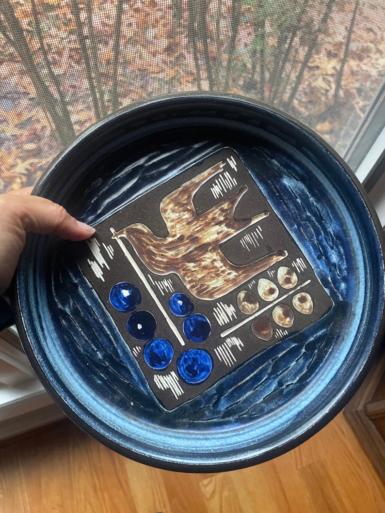 Signed Mid-Century Modern Danish Blue Stoneware Bowl Dish with Bird image 1