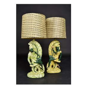 Continental Art Co. Green Fairy Chalkware Lamps with Fiberglass Shades
