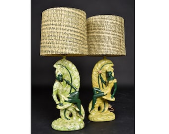 Continental Art Co. Green Fairy Chalkware Lamps with Fiberglass Shades