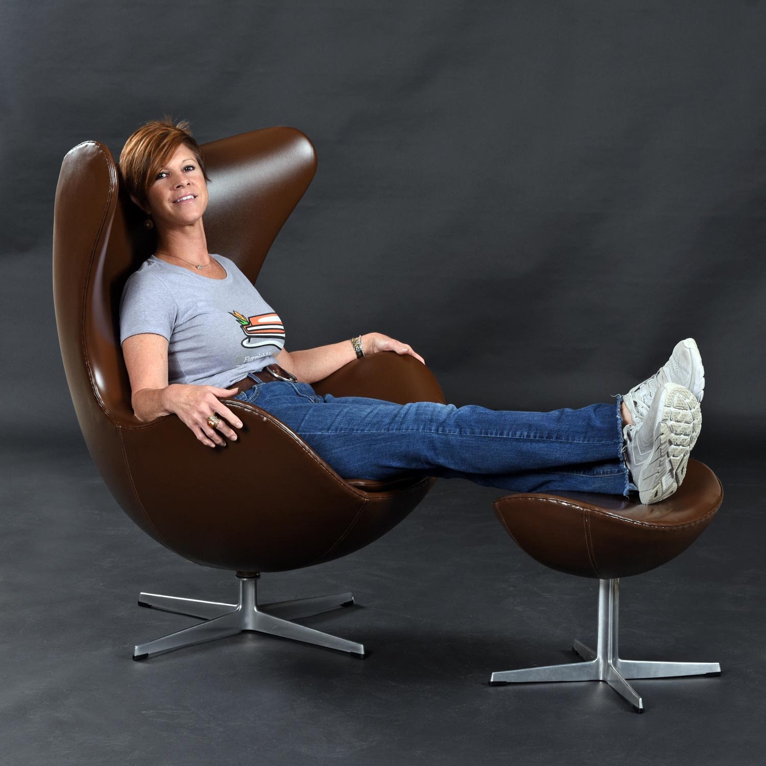1974 Brown Leather Arne Jacobsen Fritz Hansen Egg Chair Ottoman