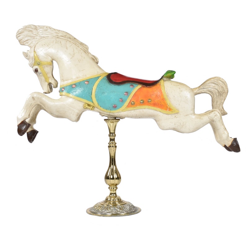 Vintage Mid-Century C.W. Parker White Jumper Carousel Horse on Brass Pedestal image 6