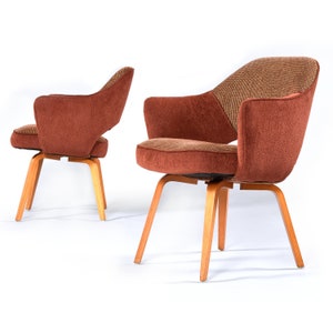 8 Burgundy and Tan Saarinen for Knoll Executive Arm Chairs With Wood Legs image 3