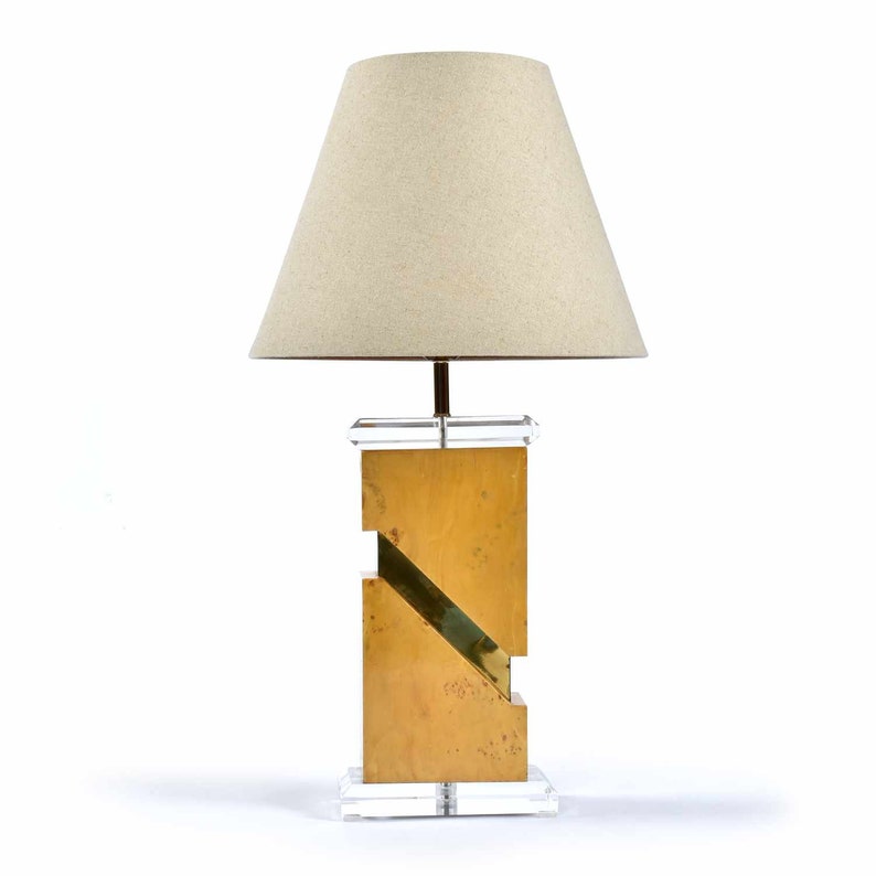 Vintage 1970s Post Modern Burl Wood Table Lamp with Gold Accent and Lucite Top and Base image 2
