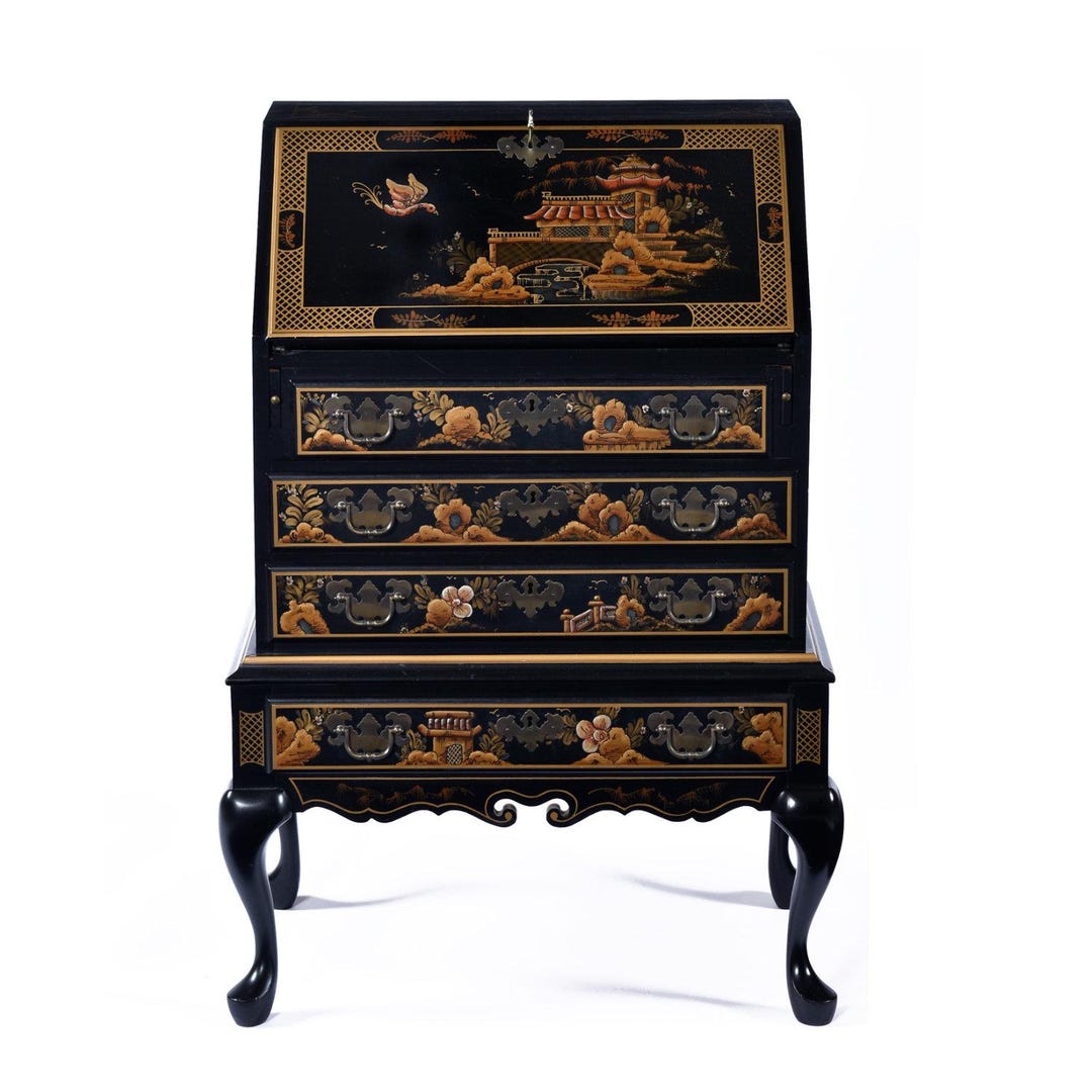Black Lacquer Chinoiserie Secretary Desk, Hand Painted Asian Design - Etsy