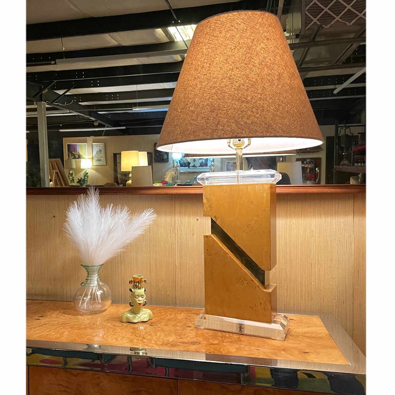 Vintage 1970s Post Modern Burl Wood Table Lamp with Gold Accent and Lucite Top and Base image 1