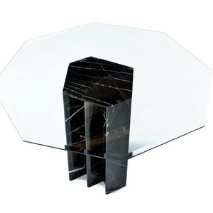 Vintage 1980s Post Modern Neo Deco Italian Black Marble Pedestal Dining Table with Glass Top image 1