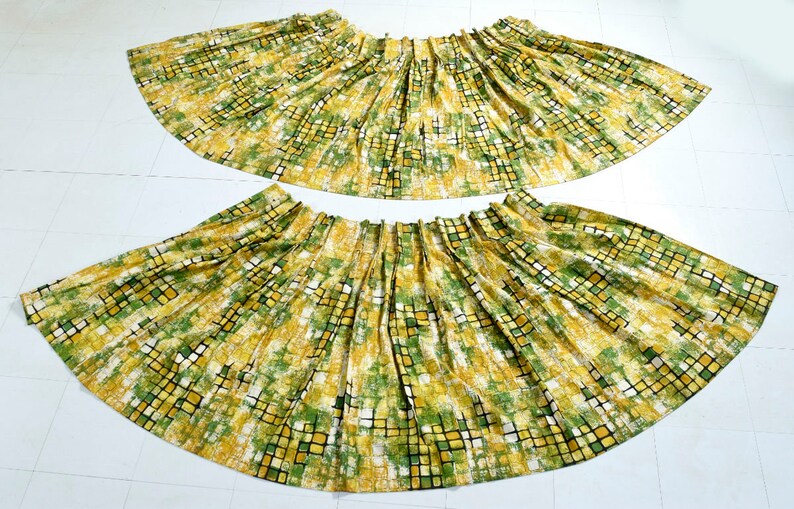 Pair of Mid-Century Modern Green Yellow and Black Pleated Curtain Drapes