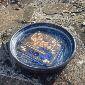 Signed Mid-Century Modern Danish Blue Stoneware Bowl Dish with Bird image 9