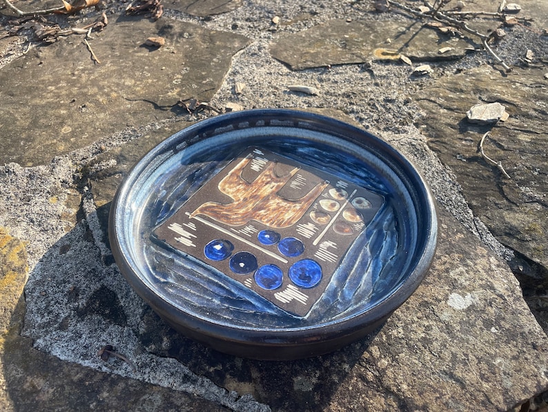 Signed Mid-Century Modern Danish Blue Stoneware Bowl Dish with Bird image 9