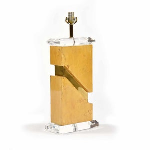 Vintage 1970s Post Modern Burl Wood Table Lamp with Gold Accent and Lucite Top and Base image 9