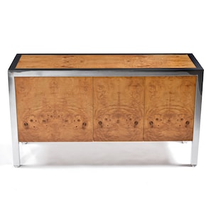 Restored Vintage 1970s Pace Collection Post Modern Burl Wood and Chrome Credenza