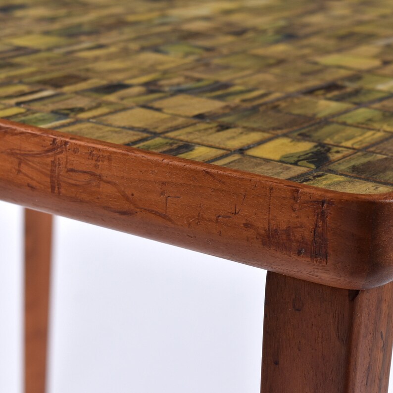 Early Mid-Century Modern Danish Ceramic Tile Teak Square Side Table image 8