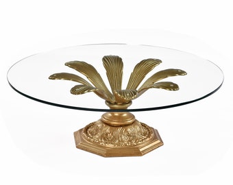 Restored Bohemian Hollywood Regency Round Glass Top Gold Blossoming Flower Coffee Table