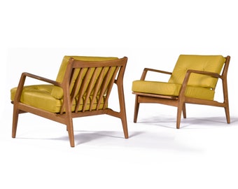 Restored Yellow Leather Lawrence Peabody for Selig Mid-Century Modern Danish Lounge Chairs