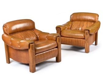 Pair of Vintage 1970s Overstuffed Butterscotch Brown and Oak Tufted Club Chairs