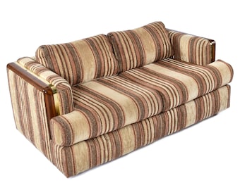 Post Modern Brown Striped Wood and Brass Accent Tuxedo Love Seat Sofa