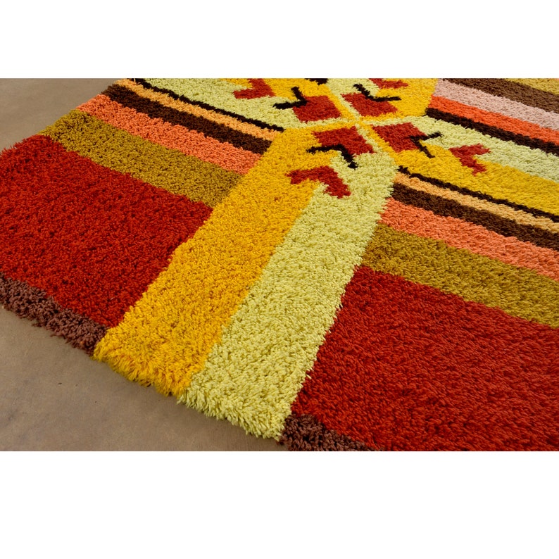 Red Yellow Orange and Brown Vintage Rya Rug Wall Hanging or 57 Area Rug image 5