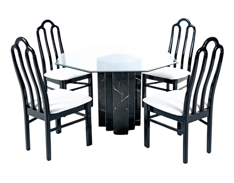 Vintage 1980s Post Modern Neo Deco Italian Black Marble Pedestal Dining Table with Glass Top image 2