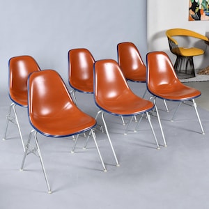 6 Eames Stackable Eastern Air Lines Red Orange Naugahyde Pad Fiberglass Shell Chairs