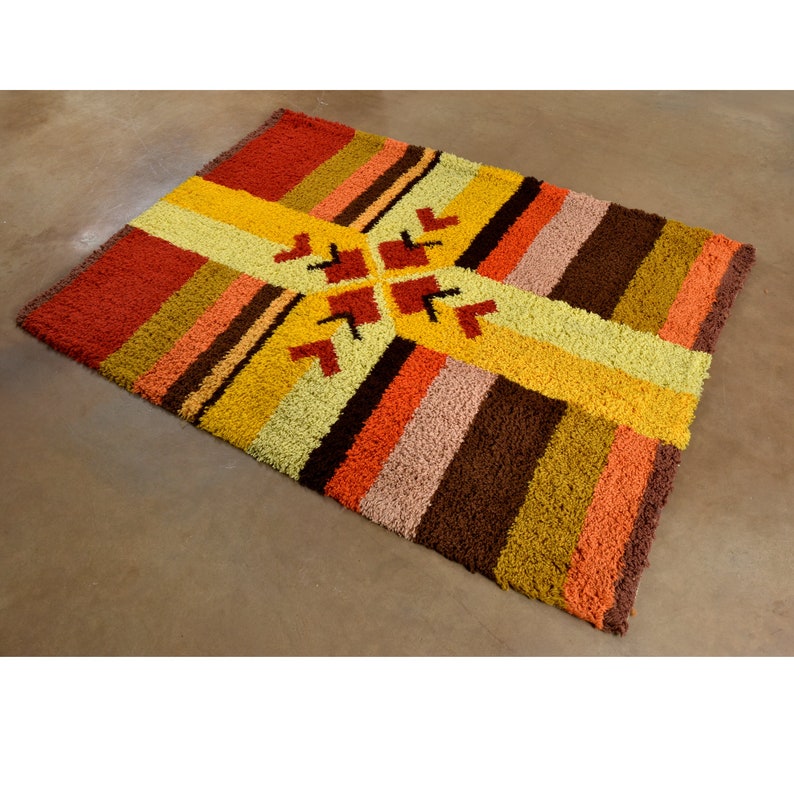 Red Yellow Orange and Brown Vintage Rya Rug Wall Hanging or 57 Area Rug image 3