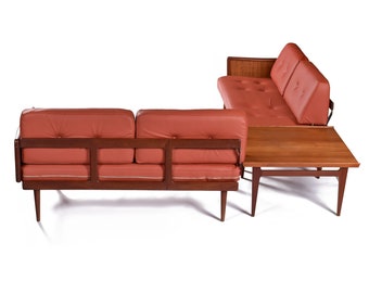 Restored Peter Hvidt Orla Mølgaard Fd451 Leather Sofa Sectional & Corner Table Set