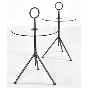 Pair of Modern Italian Gueridon Round Glass and Metal Drink Table Tripod Side Tables image 3