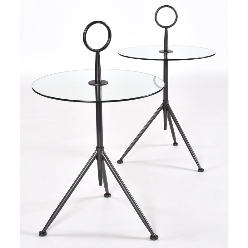 Pair of Modern Italian Gueridon Round Glass and Metal Drink Table Tripod Side Tables image 3