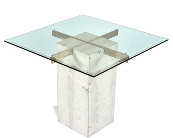 Maitland-Smith Style Brass and Glass Travertine Stone Pedestal Cocktail Table