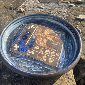 Signed Mid-Century Modern Danish Blue Stoneware Bowl Dish with Bird image 3