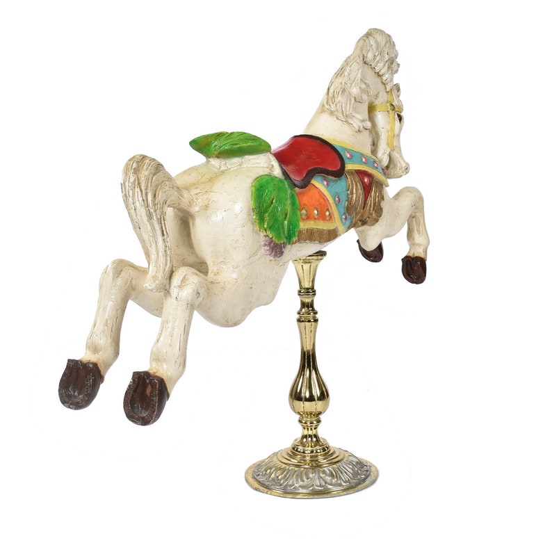 Vintage Mid-Century C.W. Parker White Jumper Carousel Horse on Brass Pedestal image 5